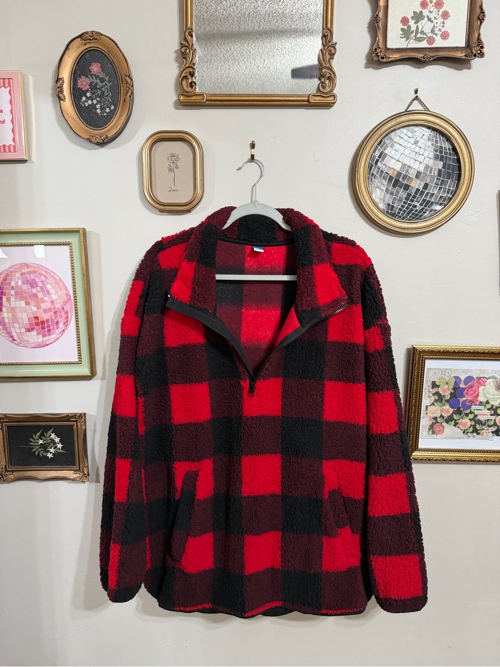 Old Navy Red and Black Buffalo Plaid Sherpa Pullover